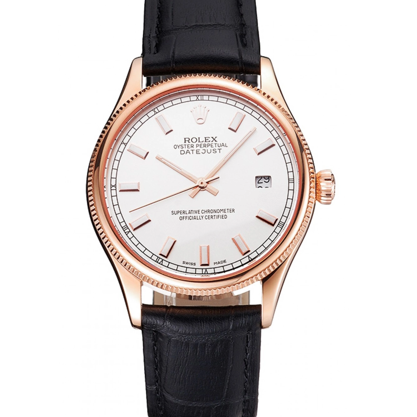 Good Copy Rolex Watches Leather White Rose Case Black Swiss Rolex Strap Datejust Gold Dial 0706